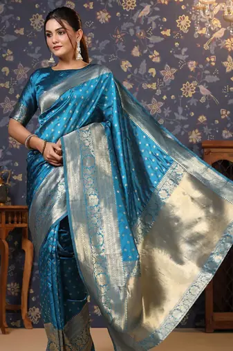 Turquoise ethnic motifs woven design zari banarasi saree