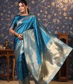 Turquoise ethnic motifs woven design zari banarasi saree