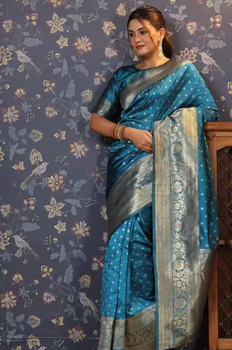 Turquoise ethnic motifs woven design zari banarasi saree