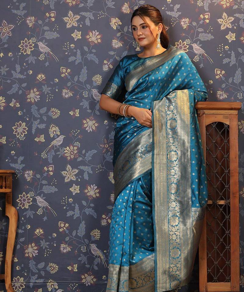 Turquoise ethnic motifs woven design zari banarasi saree