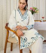 Off white embroidered pure cotton kurta trouser dupatta set