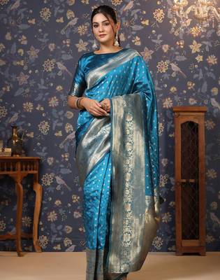 Turquoise ethnic motifs woven design zari banarasi saree 3