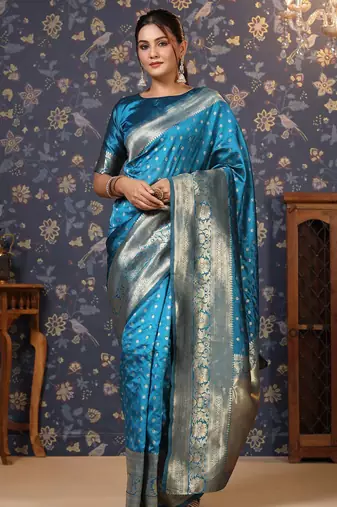 Turquoise ethnic motifs woven design zari banarasi saree