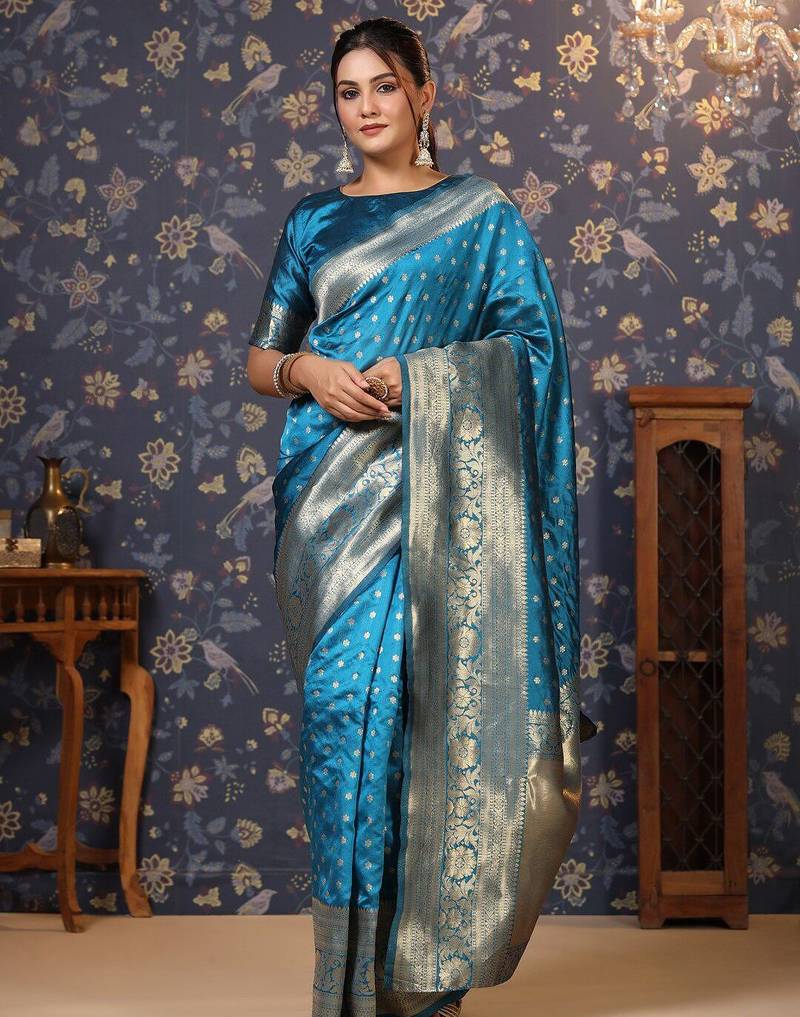 Turquoise ethnic motifs woven design zari banarasi saree