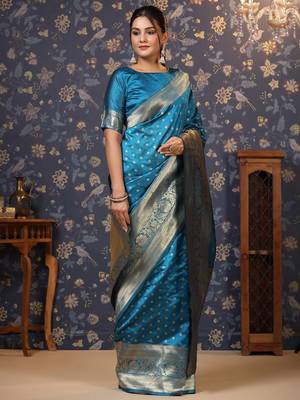 Turquoise ethnic motifs woven design zari banarasi saree 4