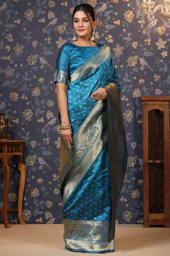 Turquoise ethnic motifs woven design zari banarasi saree
