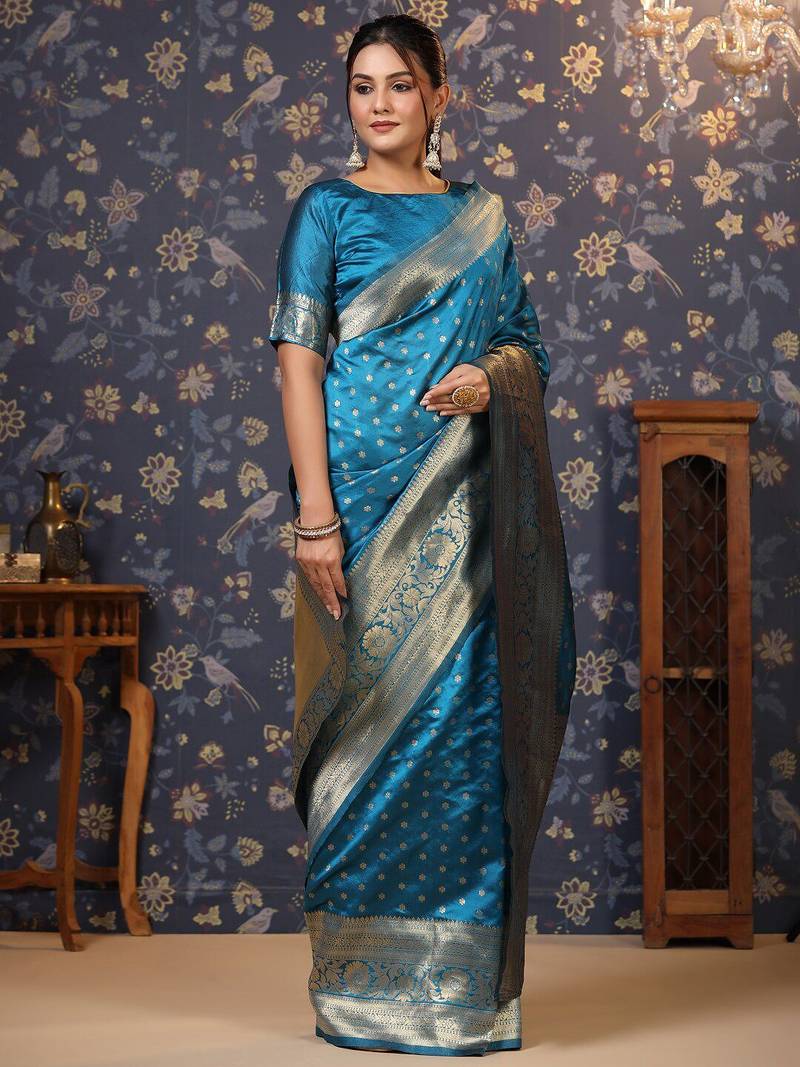 Turquoise ethnic motifs woven design zari banarasi saree