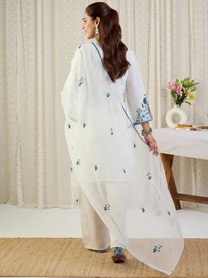 Off white embroidered pure cotton kurta trouser dupatta set 2