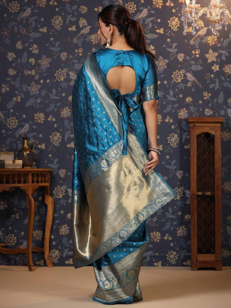 Turquoise ethnic motifs woven design zari banarasi saree