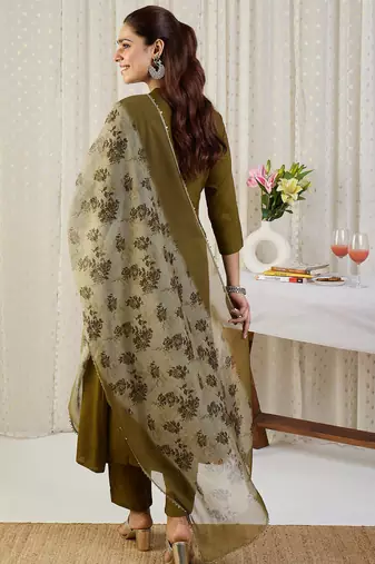 Green embroidered viscose rayon kurta trouser dupatta set