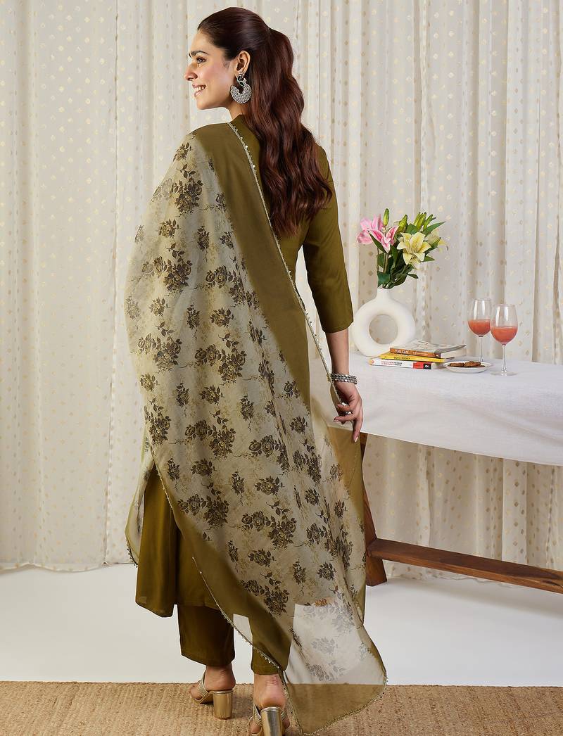 Green embroidered viscose rayon kurta trouser dupatta set