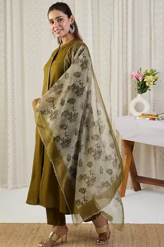 Green embroidered viscose rayon kurta trouser dupatta set