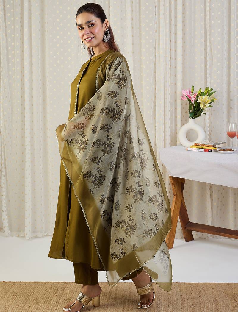 Green embroidered viscose rayon kurta trouser dupatta set