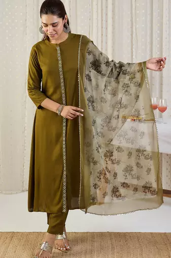 Green embroidered viscose rayon kurta trouser dupatta set