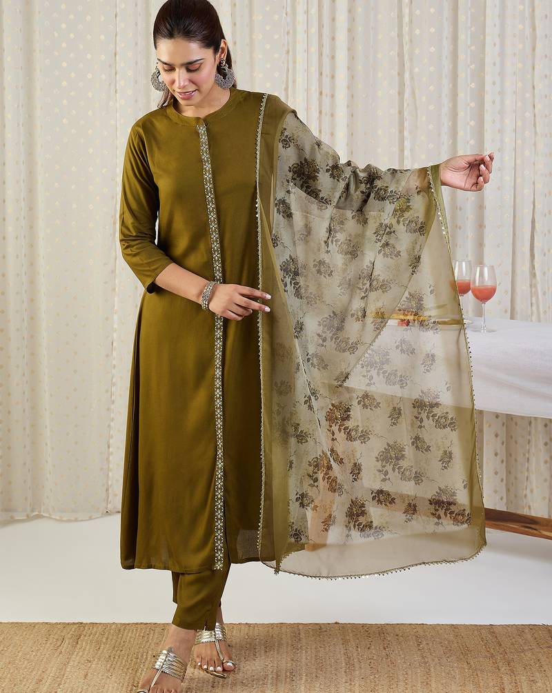 Green embroidered viscose rayon kurta trouser dupatta set