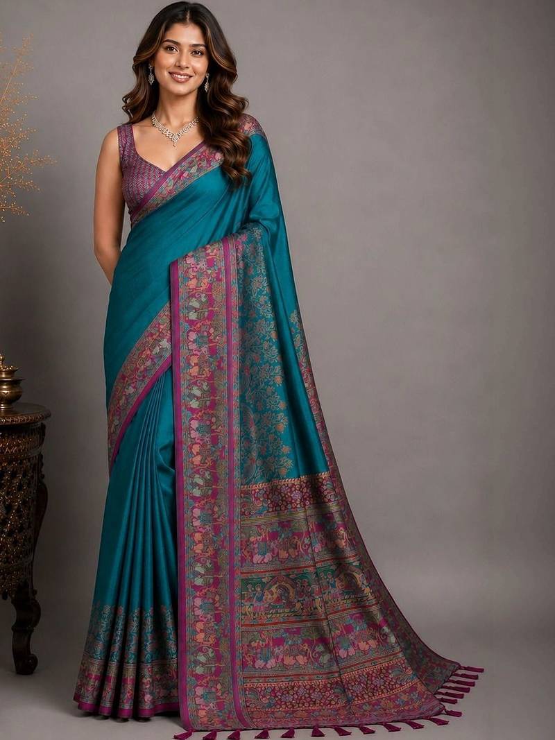 Teal woven design zari silk blend saree