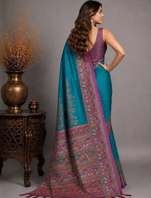 Teal woven design zari silk blend saree 2