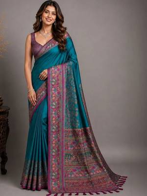 Teal woven design zari silk blend saree 3