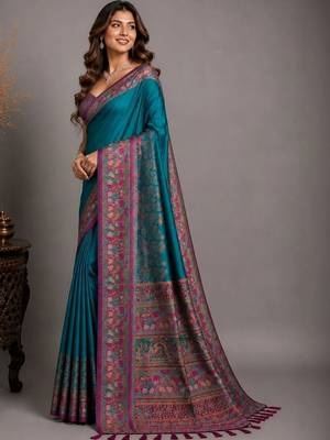 Teal woven design zari silk blend saree 4