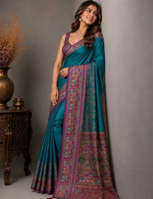 Teal woven design zari silk blend saree 5