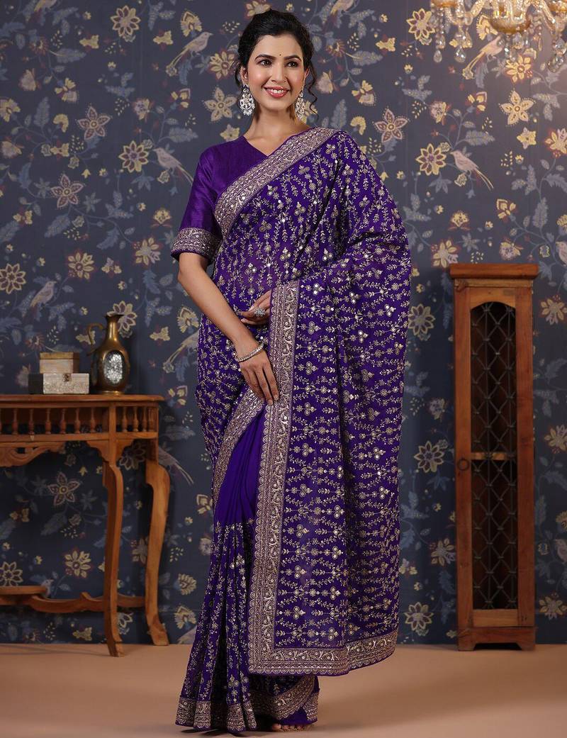Violet embroidered pure georgette saree