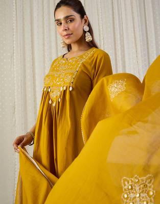 Yellow embroidered pure cotton kurta trouser dupatta set 1