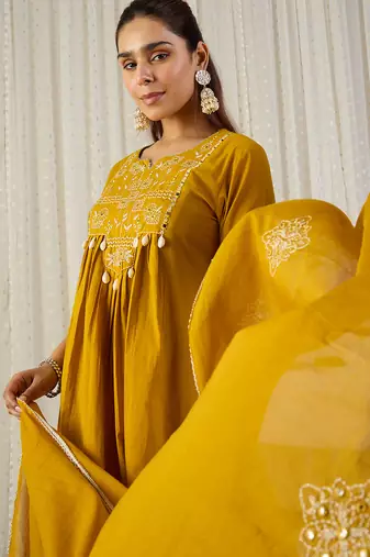 Yellow embroidered pure cotton kurta trouser dupatta set