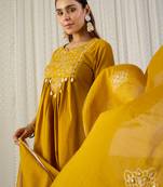 Yellow embroidered pure cotton kurta trouser dupatta set
