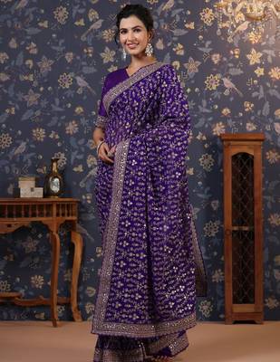 Violet embroidered pure georgette saree 2