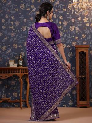 Violet embroidered pure georgette saree 3