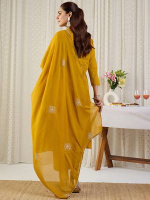 Yellow embroidered pure cotton kurta trouser dupatta set 2