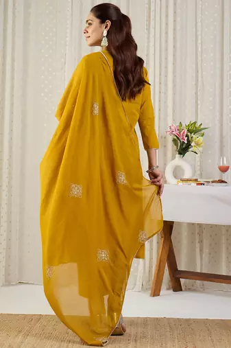 Yellow embroidered pure cotton kurta trouser dupatta set