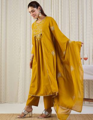 Yellow embroidered pure cotton kurta trouser dupatta set 3