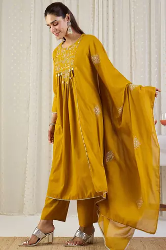 Yellow embroidered pure cotton kurta trouser dupatta set