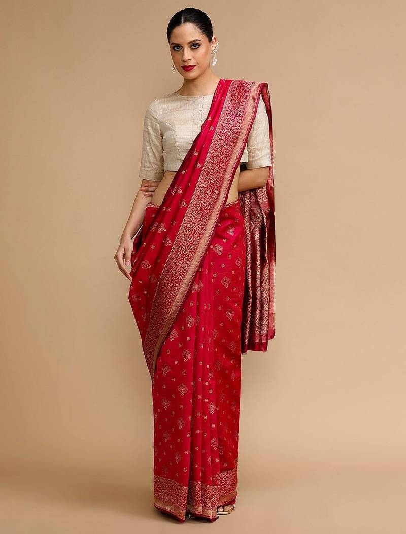 Red woven design banarasi saree with unstitched blouse