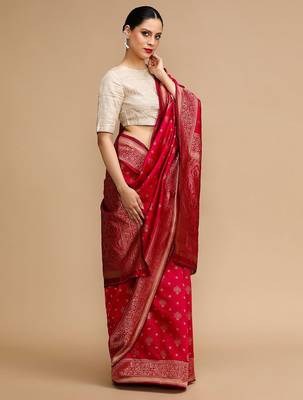 Red woven design banarasi saree with unstitched blouse 2