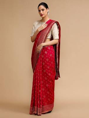 Red woven design banarasi saree with unstitched blouse 3