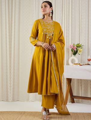 Yellow embroidered pure cotton kurta trouser dupatta set 4