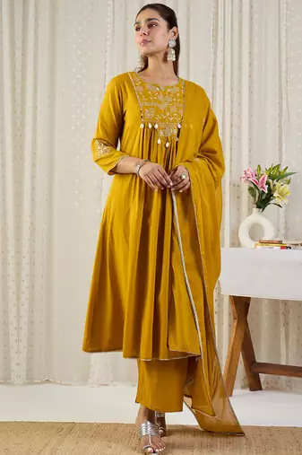 Yellow embroidered pure cotton kurta trouser dupatta set