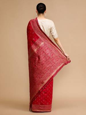 Red woven design banarasi saree with unstitched blouse 4