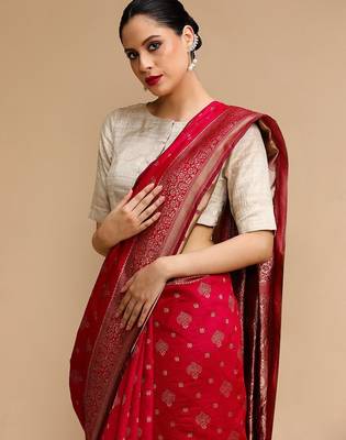 Red woven design banarasi saree with unstitched blouse 5