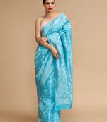 Blue woven design banarasi saree with unstitched blouse