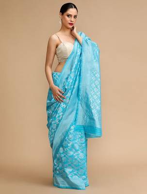 Blue woven design banarasi saree with unstitched blouse 3