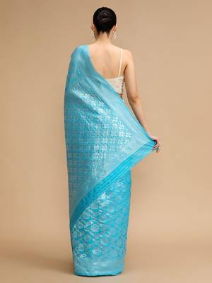Blue woven design banarasi saree with unstitched blouse 4