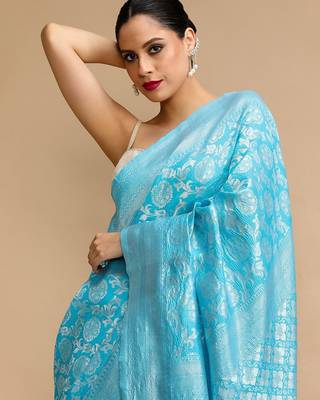 Blue woven design banarasi saree with unstitched blouse 5