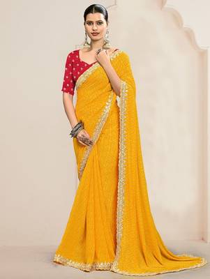 Yellow bandhani printed & embroidered saree with matching blouse piece 1