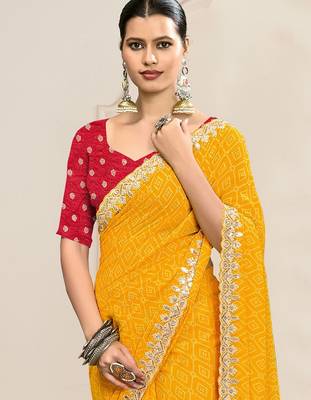 Yellow bandhani printed & embroidered saree with matching blouse piece 2