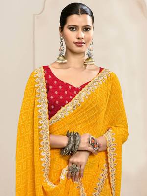Yellow bandhani printed & embroidered saree with matching blouse piece 3
