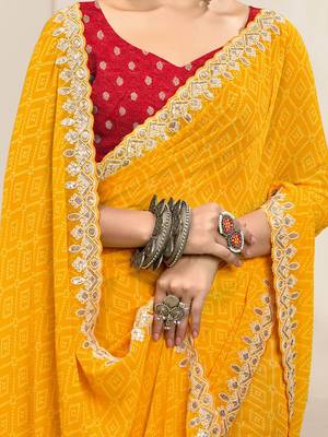 Yellow bandhani printed & embroidered saree with matching blouse piece 4