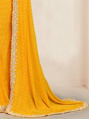Yellow bandhani printed & embroidered saree with matching blouse piece 5